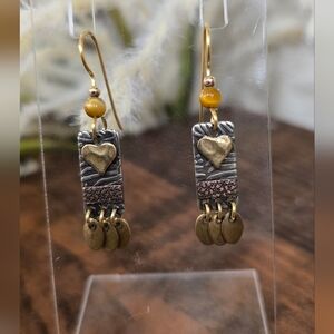 SILVER FOREST Tri‑Tone Heart on Rectangle with Oval Drops Earrings